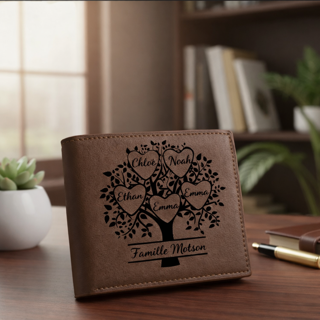 Portefeuille Homme en Cuir Personnalisé – Arbre Généalogique Avec Prénoms