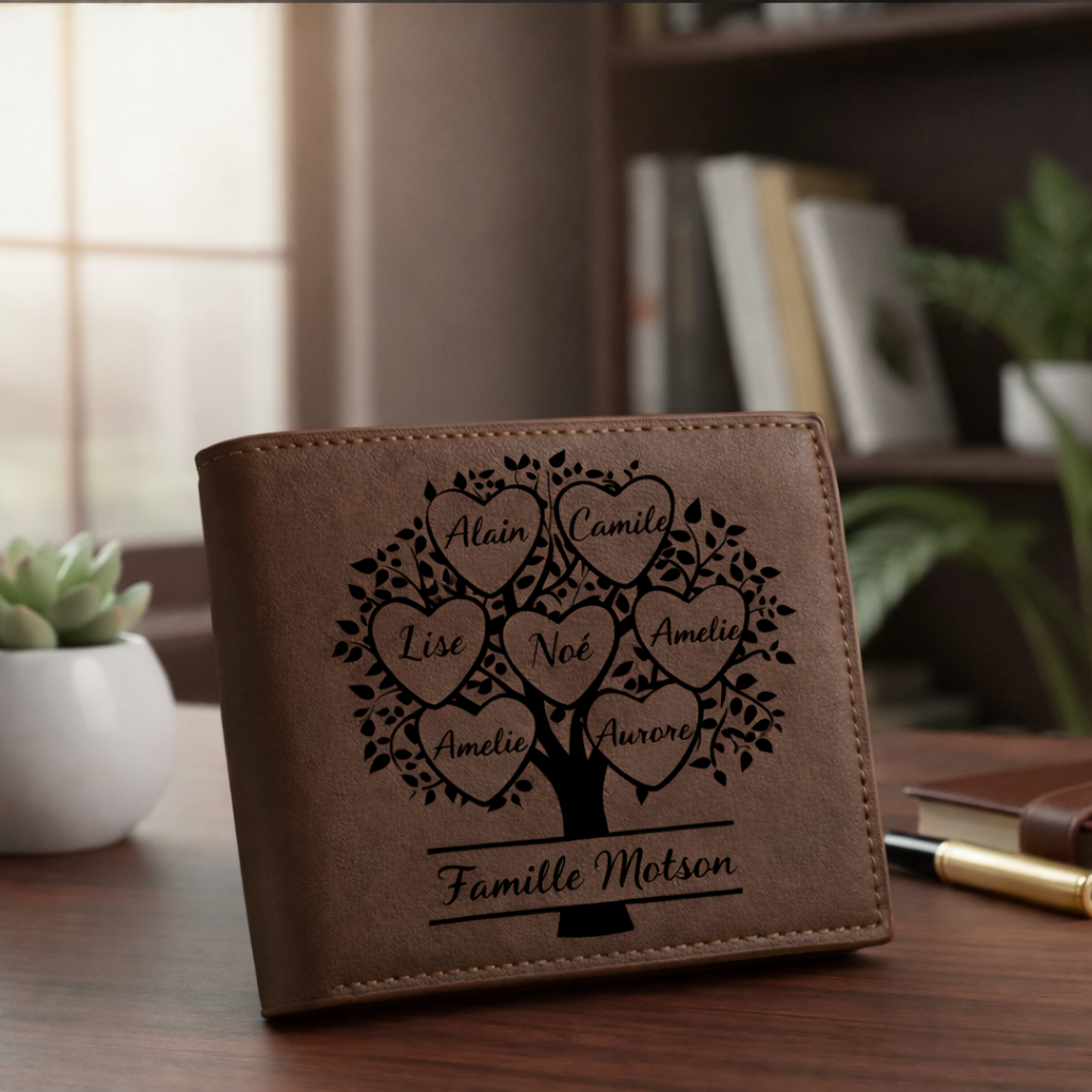 Portefeuille Homme en Cuir Personnalisé – Arbre Généalogique Avec Prénoms
